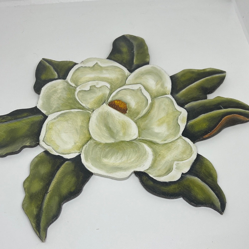 Handmade look Magnolia Floral Hanging Wall Wood Art Decor with Green Leaves